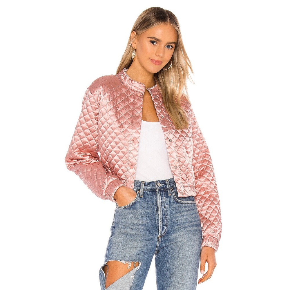 Lovers + Friends Kikka Pink Quilted Satin Bomber Jacket